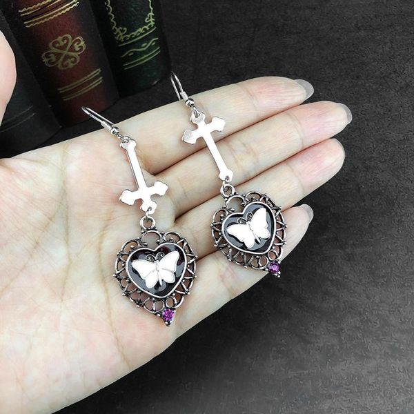 

dangle & chandelier goth punk butterfly earrings for women cross heart antique silver color dripping white vintage earring wholesale jewelry