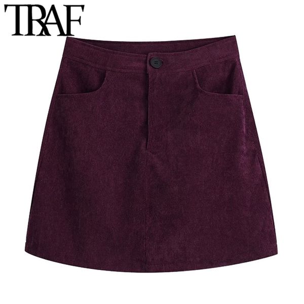 

women fashion side pockets corduroy mini skirt vintage high waist zipper fly female skirts mujer 210507, Black