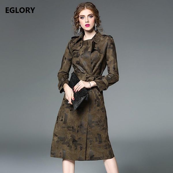 

women's trench coats england style long 2021 autumn winter women suede leather prints adjustable belts army green yellow casual xl, Tan;black