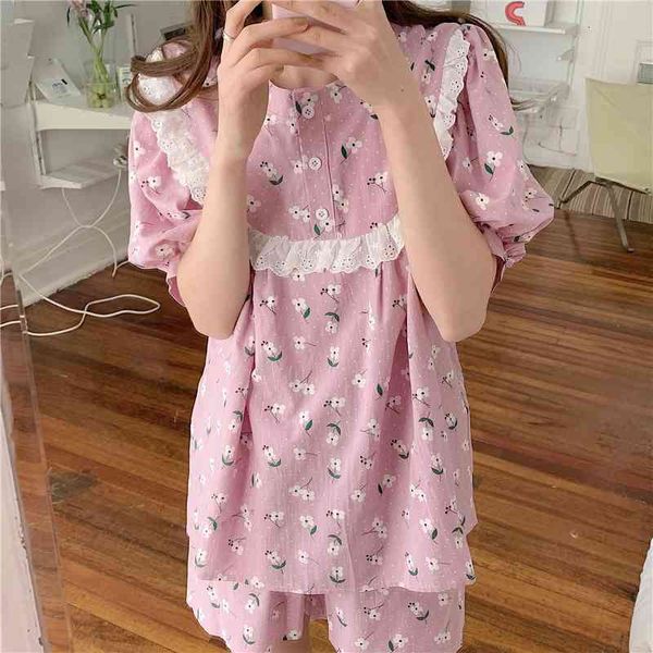 

women's sleepwear pink summer home wear cotton flower fashion printed florals sweet chic lace pajama short sleeve suits 1090, Black;red