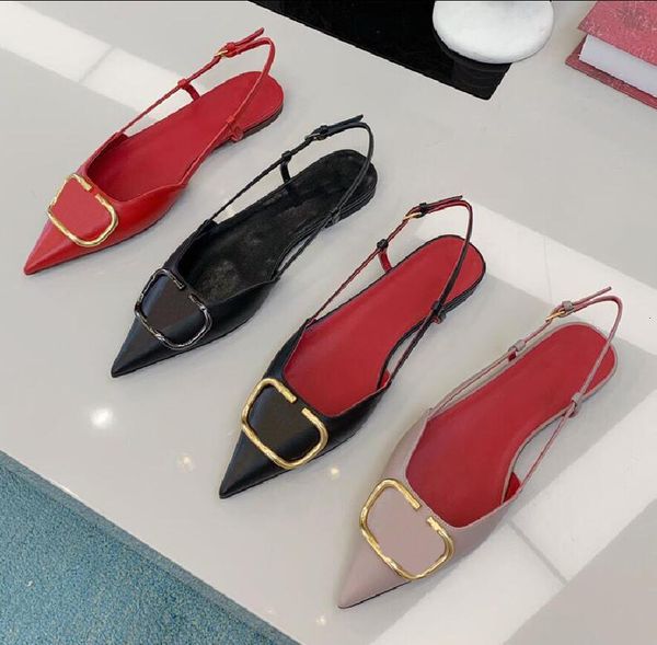 

sandals classics brand v flat sandals genuine leather metal v-buckle pointed toe black/nude women sandal 35-42 without box