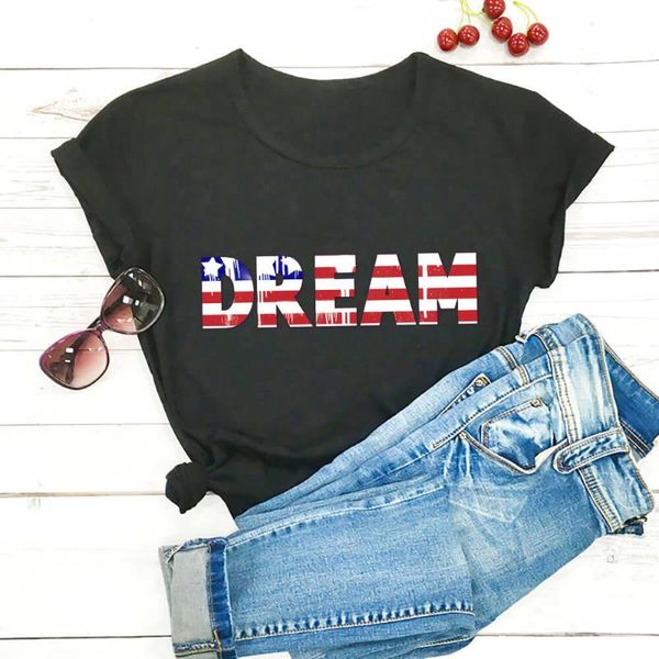 

women's t-shirt dream american flag graphic print 4th of july 100%cotton women tshirt summer casual short sleeve holiday tee, White
