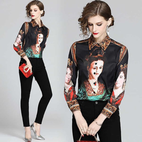 

women's t-shirt vintage character pattern printed shirt women spring long sleeve casual and blouses elegant ladies fy8u, White