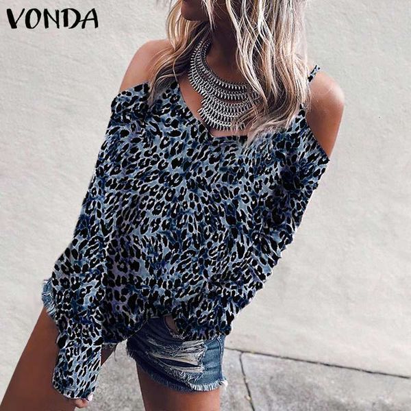 

women's polos vonda women off shoulder leopard blouse 2021 spring autumn beach shirts club casual loose vintage plus siz, White