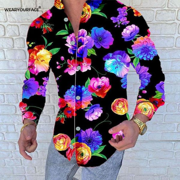 

men's casual shirts rainbow floral palm tree 3d all over printed hawaiian button up full sleeve streetwear vocation men clothing, White;black