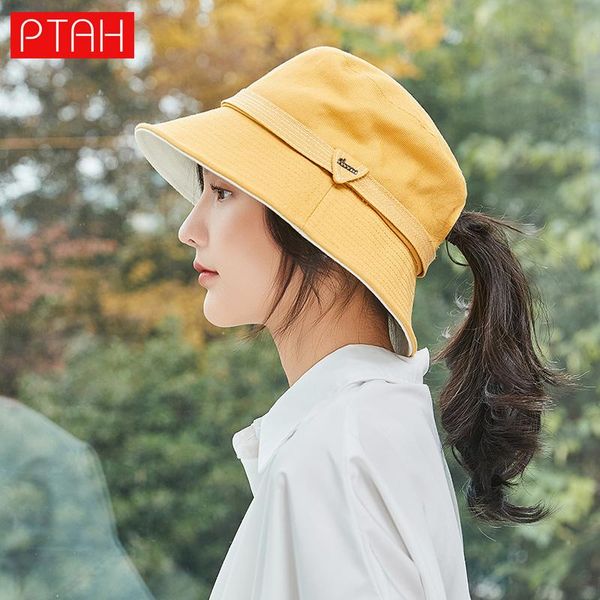 

wide brim hats [ptah] fashion bucket women's upf 50+ cloth cap foldable windproof rope beach breathable sun protection female, Blue;gray