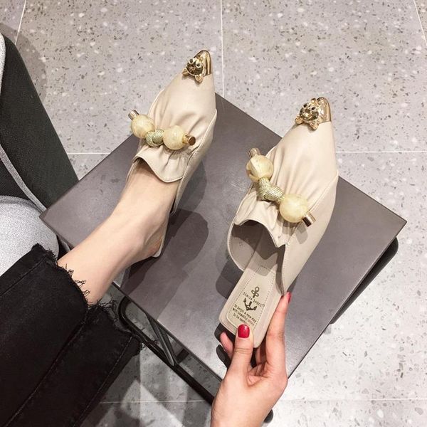 

slippers 2021 summer women ulzzang fashion mules bow pointed toe outside black metal leather ladies shoes slides high quality