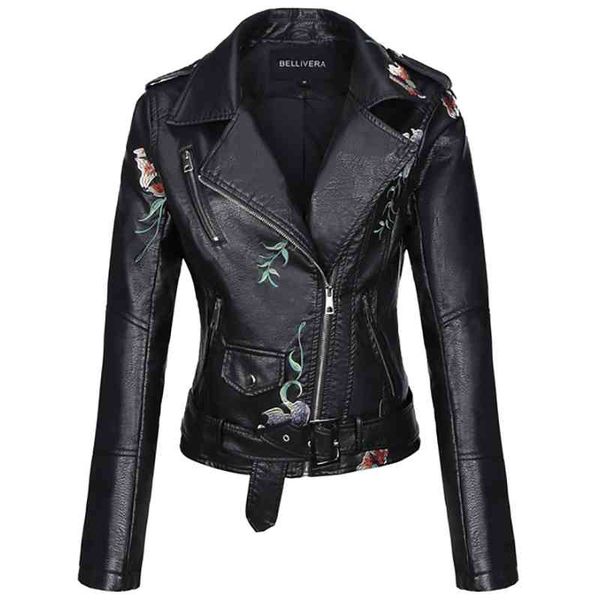 

giolshon autumn flowers pu leather jacket women slim collar outerwear zipper motorcycle coats clothes, Black;brown