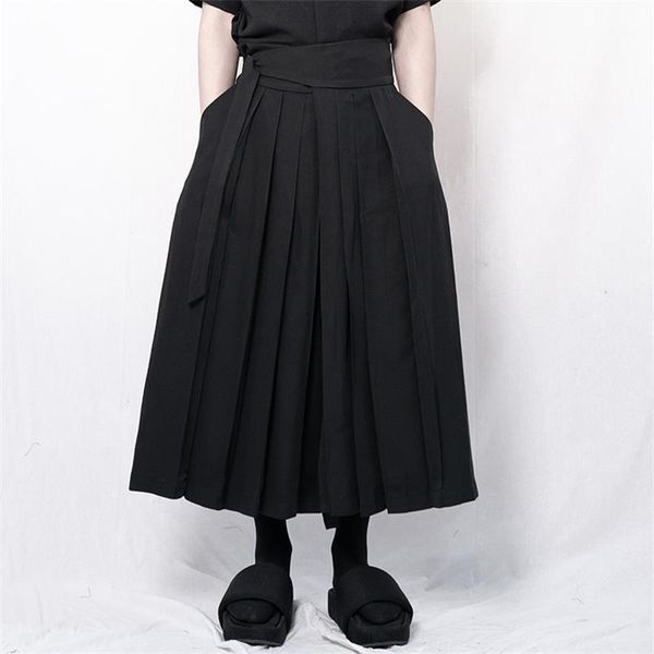 

men's pants casual pants, wide leg skirt super japanese loose pleated warrior, Black