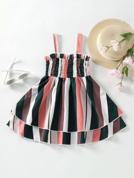 

toddler girls striped colorblock shirred layered hem cami dress she, Red;yellow
