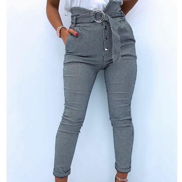 

women's pants & capris mandylandy plaid button lace-up leggings women casual high waist skinny pockets autumn streetwear pencil trouser, Black;white