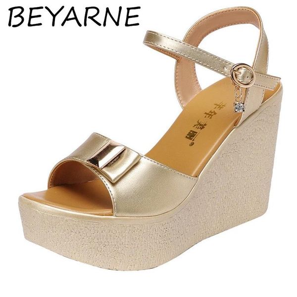 

open head platform sandals women shoes bow high heels wedges ladies elegant office gold, Black