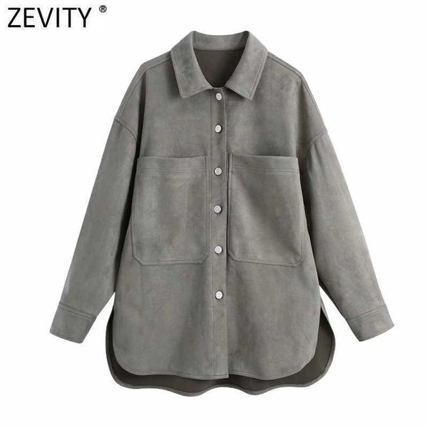 Zevity Donna Vintage Big Pcokets Patch Suede Smock Camicetta Office Ladies Monopetto Business Camicie Chic Blusas Top LS7439 210603