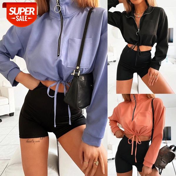 

women fashion drawstring pullover long sleeve zipper stand collar solid color loose with pocket for ladies trendy streetwear #6h20, Black
