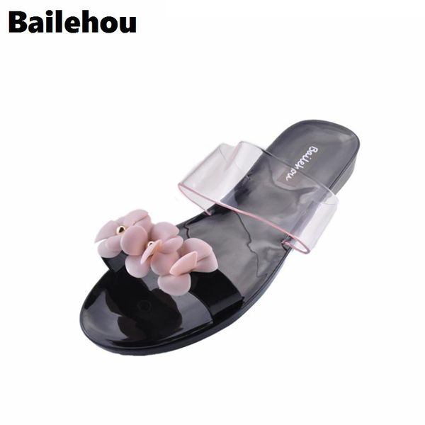 

bailehou woman jelly flip flops women beach flat rhinestone flowers slippers sandalias mujer, Black