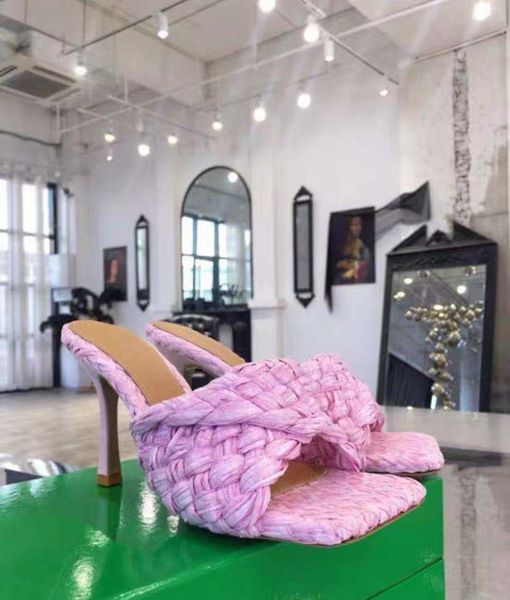 

hand knitted flat mule slippers women high heel lido intrecciato sandals ladies fashion outdoor slides party wedding shoes 35-42, Black