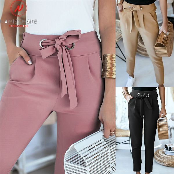 

england style women summer solid color pencil pants bandage design pockets decor high waist slim hips trousers for streetwear tr, Black;white