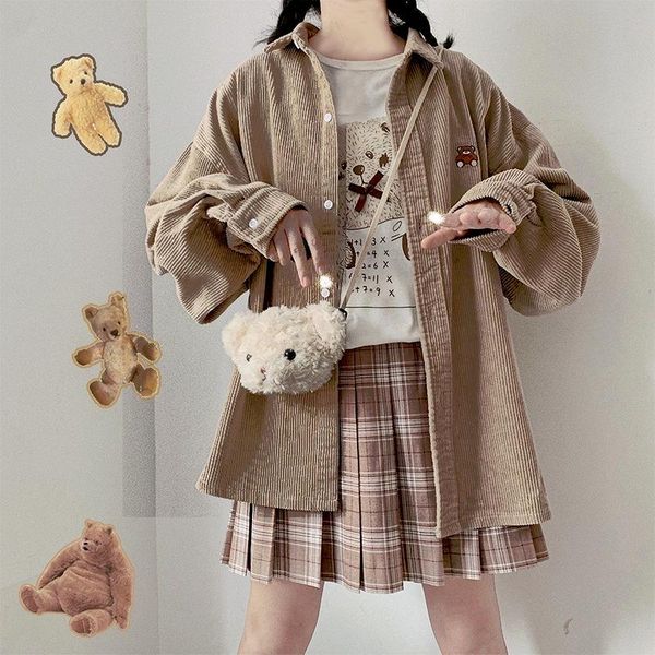

women's blouses & shirts japanese cute bear embroidery corduroy shirt spring and autumn students loose lazy style soft girl jacket wome, White