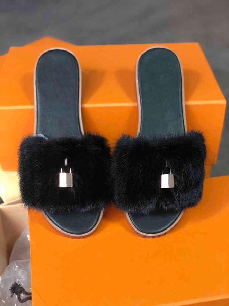 

flats slipper women fur lock it mules leather slides designer slippers sandals flip flops good quality with box dust bag 35-42, Black