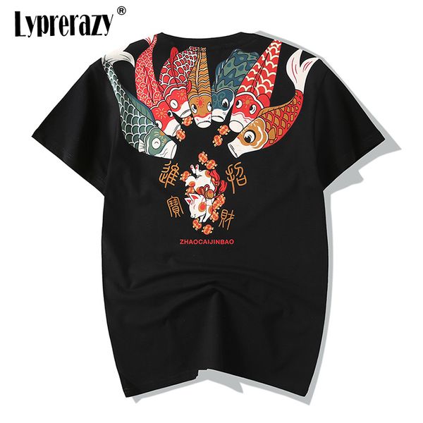 

casual hip hop printed t-shirt men's carp fish wealth tattoo design o-neck short sleeve cotton chinese tees, White;black