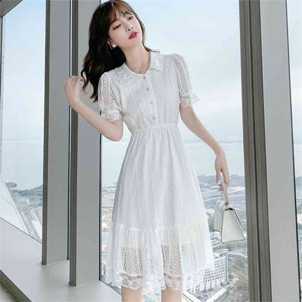 

fashion women lace dress french retro peter pan collar puff sleeve elegant white casual sweet party vestidos 210519, Black;gray