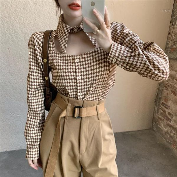 

women's blouses & shirts women blouse autumn winter hollow-out houndstooth design long-sleeved ropa de mujer, White