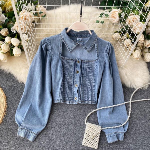 

[ewq] 2021 spring female square collar single breasted long-sleeved minimalist blue denim jacket pleated cardigan coat 16w325 women's j, Black;brown