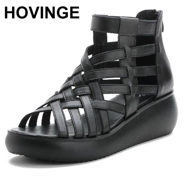 

sandals hovinge 2021 soft cowhide open toe shoes roman summer boots comfortable light thick-soled wedges women sandal, Black