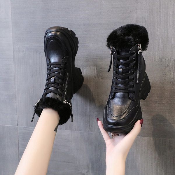 

winter women ankle boots 7cm heels high wedge boots warm fur platform leather sneakers cotton snow boots for woman new