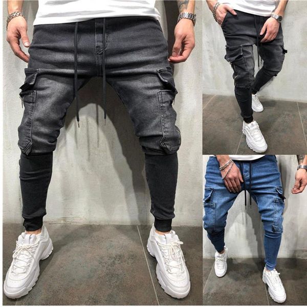 

men's jeans men pants casual cotton denim trousers multi pocket cargo fashion pencil side pockets, Blue