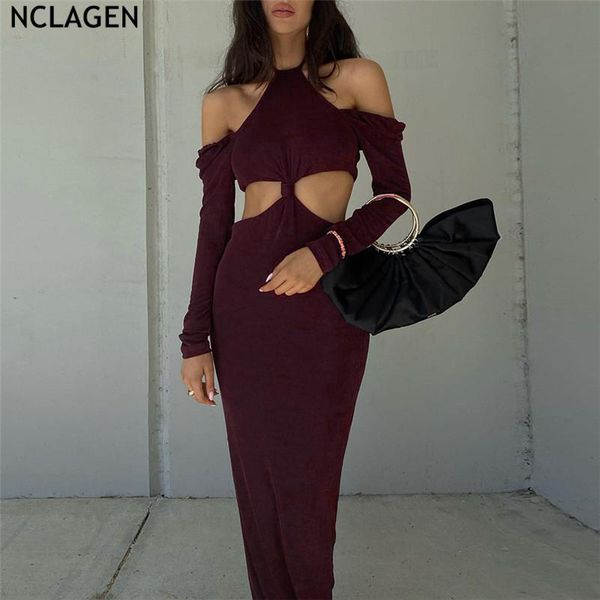 

casual dresses nclagen women dress off shoulder lace up halter long sleeve waist cut out 2021 fashion autumn fall party, Black;gray