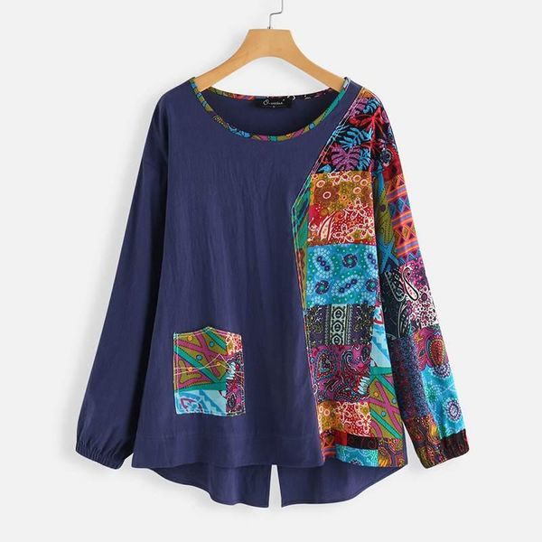 

women's blouses & shirts zanzea spring vintage patchwork blouse casual women o neck long sleeve printed cotton linen shirt loose blusa, White