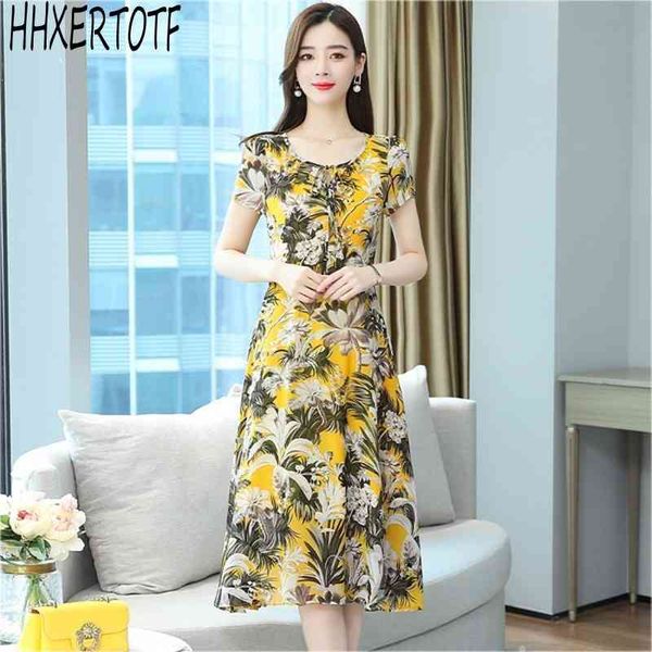 

summer chiffon dres knee length o-neck print short sleeve slim vestidos casual dress 210531, Black;gray