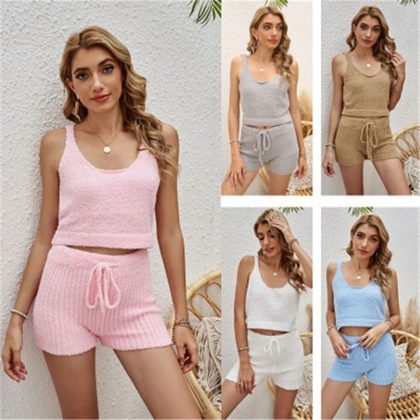 

women solid colors home tracksuits fashion trend u-neck sleeveless vest drawstring shorts suits female spring plus size pajamas sets, Gray