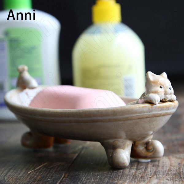 

soap dishes ceramic cat holder european pastoral painted animal decorative holders restroom accessories home bathroom decoration