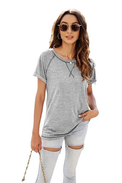 

women's t-shirt spring and summer casual color matching neckline fork short sleeve, White