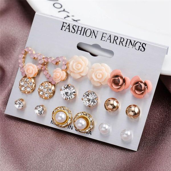 

pairs/set crystal fashion earrings set women jewelry accessories piercing ball flower stud earring for girl party, Golden;silver