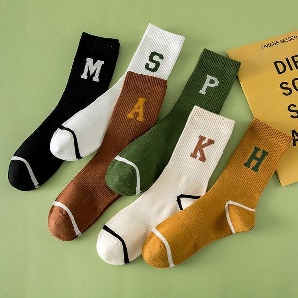 

men's socks 1 pair women autumn and winter tube cotton retro letters sports high waist stockings, Black