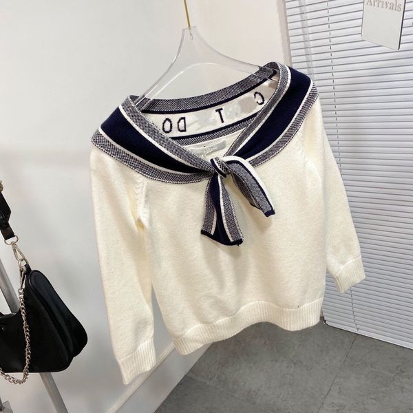 

21ss autumn winter new dr letter one shoulder bow casual age reduction fashion splicing contrast color knitted sweater women, Black;gray