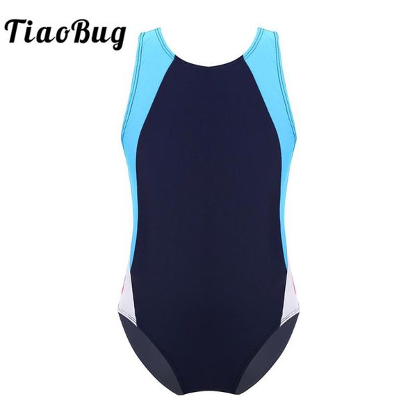 

tiaobug kids one-piece swimsuit sleeveless color block racerback cutouts athleticwear swimwear children girls beach bathing suit two-piece s