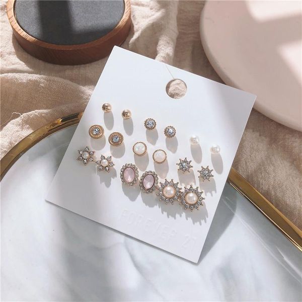 

stud classic oval rhinestone pearl earrings set summer fashion women korean sun star shape wedding ins jewelry, Golden;silver