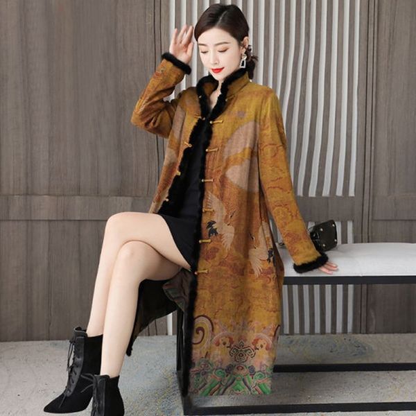 

2021 autumn winter women print chinese style cheongsam long coat female jacket plus size thick warm cotton coat outerwear 11894, Red