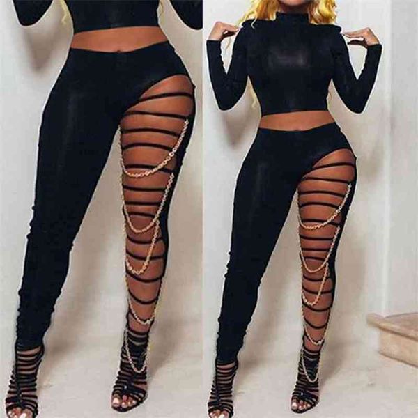 OMSJ est Sexy Hohe Taille Zerrissene Leggings Frauen Schwarz Schlanke Löcher Hosen Mit Gold Kette Bleistift Hosen Casual Mode Kleidung 210517