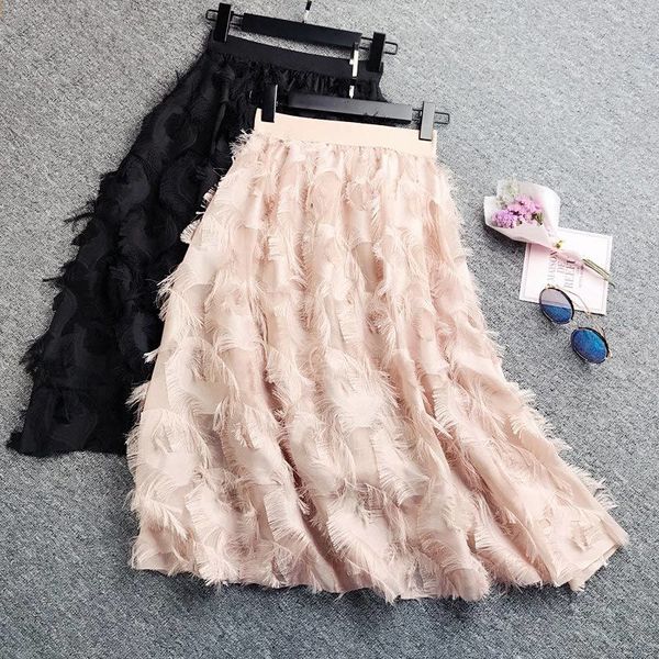 

skirts women summer high waist chifon maxi skirt elegant ladies feather jacquard fashion tassel a line female bottoms 81l8, Black