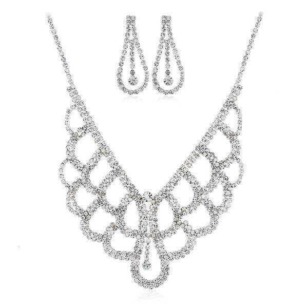 

bride necklace earrings two sets of water drip drill bride suit necklace wedding jewelry accessories, Silver