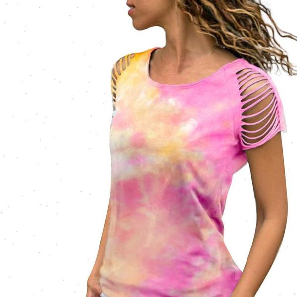 

fashion summer tie dye women round neck tassel short sleeve, White