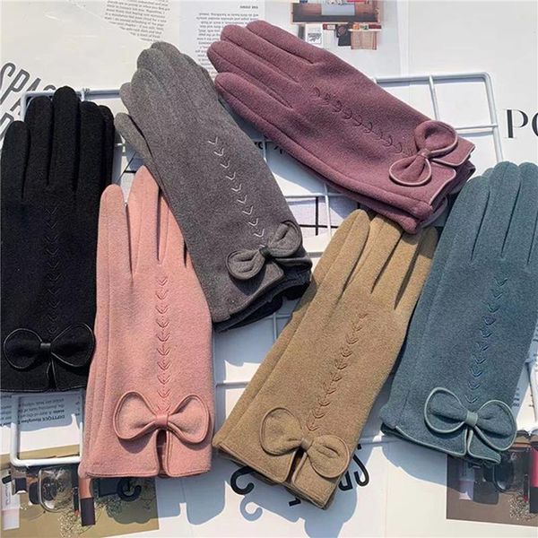 

sports gloves female cute bow embroidery thin plus velvet touch screen driving mittens winter women outdoor cashmere warm cycling, Black