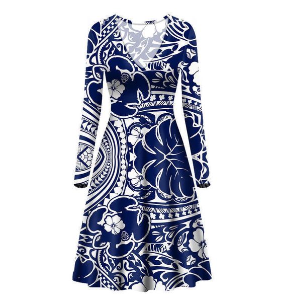 

v-neck polynesian casual dresses long sleeve dress, Black;gray