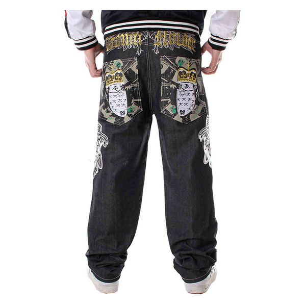 

fashion jeans sokotoo men's hip hop plus size loose streetwear denim pants letters hawk wings skull crown long trousers, Blue