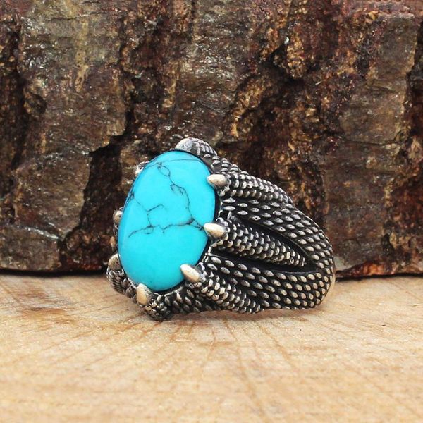 

cluster rings solid 925 sterling silver turquoise stone claw men's ring, Golden;silver